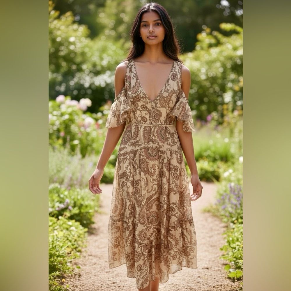 Marchesa Voyage Paisley Cold-Shoulder Ruffle Midi Dress – Size 4 (Spring 2015)